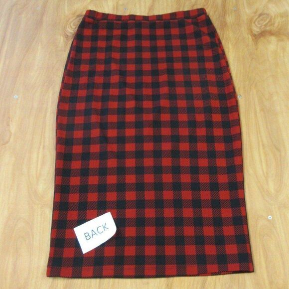 BOBEAU Buffalo Check Pencil Midi Skirt Womens M Black Red Plaid Pull On Stretch - Picture 7 of 7